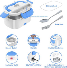 Load image into Gallery viewer, Electric Lunch Box, Food Warmer Heater 12V 24V 110V, 80W Faster Heated Lunch Box for Car/Truck/Home Portable Heating Boxes with 1.5L 304 SS Container Fork & Spoon, White+Blue