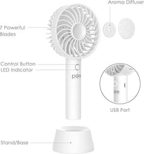 Load image into Gallery viewer, Pure Enrichment® PureBreeze™ Personal Handheld Fan with Base - 3 Fan Speeds, Built-In Rechargeable Lithium-Ion Battery, Lightweight Portable Design, Soothing Optional Aromatherapy Tank, USB Charger