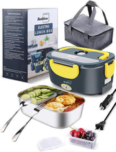 Load image into Gallery viewer, Buddew Electric Lunch Box 80W Food Heater for Adults, 12/24/110V Portable Lunch Warmer Upgraded Heated Lunch Box for Car/Truck/Office with SS Fork&Spoon and Insulated Carry Bag(Yellow)
