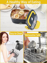 Load image into Gallery viewer, Buddew Electric Lunch Box 80W Food Heater for Adults, 12/24/110V Portable Lunch Warmer Upgraded Heated Lunch Box for Car/Truck/Office with SS Fork&Spoon and Insulated Carry Bag(Yellow)