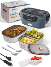 Load image into Gallery viewer, Heated Lunch Box, 80W Electric Lunch Box with Dual-compartment Container and Lid, 12V/24V/110V Food Warmer with Utensils and Insulated Bag for Car/Truck/Office (Black)