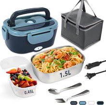 Load image into Gallery viewer, Electric Lunch Box, 12V/24V/110V Portable Food Warmer with SS Fork & Spoon for Car/Truck/Office, 80W Self Heating Lunch Box with 1.5L 304 Stainless Steel Container & 0.45L PP Fruit Box Blue