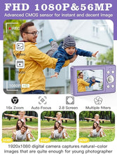 Load image into Gallery viewer, Upgrade Digital Camera, 56MP FHD 1080P Camera for Kids with 16x Zoom Anti Shake, Kid Camera with 32GB TF Card, Two Batteries, Lanyard, Compact Small Camera for Kids Boys Girls?Purple?