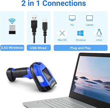 Load image into Gallery viewer, Upgraded Industrial Barcode Scanner Wireless, 1D Laser Bar Code Scaners 2 in 1 Plug and Play Rugged Heavy Duty & IP65 Waterproof, Long-Distance Wireless Handheld Barcode Reader with 1.8"Screen (Blue)