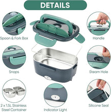Load image into Gallery viewer, 80W Faster Heated Lunch Box for Adults, Electric Lunch Box for Car/Truck/Office, with Dual 1.5L 304 Stainless Steel Food Containers, 0.45L PP Fruit/Snack Container, Fork & Spoon, Insulated Carry Bag