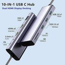 Load image into Gallery viewer, Docking Station Dual Monitor, USB C Docking Station Dual Monitor, USB C to Dual HDMI Adapter, Dual Monitor Adapter, USB C Hub 10 in 1 Docking Station 3 Monitors with HDMI/VGA/PD/USB/SD/TF/3.5mm Audio