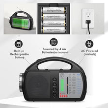 Load image into Gallery viewer, AM FM NOAA Weather Radio,Portable Emergency Radio with Flashlight. Radio with bluetooth 5.0, USB, AUX IN Powered by Built-in Rechargeable Battery or 4 AA Battery Radio for Home Indoor BLACK