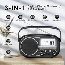 Load image into Gallery viewer, Portable Radio AM FM with Bluetooth,Built-in Rechargeable Battery/Plug in Wall/4*D Cell Battery Operated Radio, Digital Time Display, Transistor Radio for Home,Outdoor,Gift,Seniors Black
