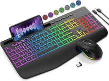Load image into Gallery viewer, Wireless Keyboard and Mouse Combo, 9 Backlit Effects, Wrist Rest, Phone Holder, 2.4G Lag-Free Ergonomic Keyboards, Rechargeable Silent Cordless Set for Computer, Laptop, PC, Mac, Windows -SABLUTE