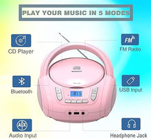 Load image into Gallery viewer, Portable CD Player Boombox with Bluetooth,FM Radio,USB MP3 Playback,AUX-in,Headphone Jack,CD-R/RW and MP3 CDs Compatible,Small CD Player for Home or Outdoor