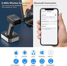 Load image into Gallery viewer, Symcode Pro 1D 2D QR Wireless Barcode Scanner with Display Screen Battery Level Indicator Time Display Works with Bluetooth with Charging Cradle Base for Warehouse Supermarket Library