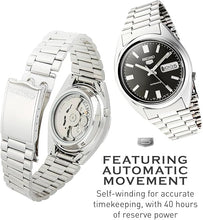 Load image into Gallery viewer, SEIKO SNXS79 Automatic Watch for Men 5-7S Collection - Black Dial on Silver with Luminous Hands, Day/Date Calendar, Stainless Steel Case & Bracelet