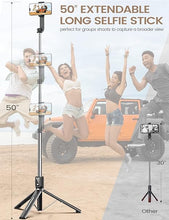 Load image into Gallery viewer, Selfie Stick Phone Tripod with Remote, 50 inch Portable 5 in 1 Selfie Stick Phone Tripod, Wireless Selfie Stick Tripod for Cell Phone Compatible with iPhone 15/14/13 Pro Max Gopro Android