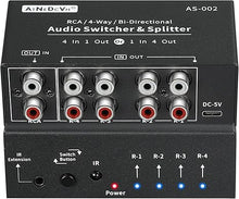 Load image into Gallery viewer, RCA 4-Way Bi-Directional Audio Switcher Splitter, 1 in 4 Out / 4 in 1 Out Stereo L/R Sound Channel Audio Switch Selector Splitter Box with Remote Control for Speakers Headphones Amps (Black)