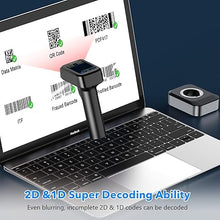 Load image into Gallery viewer, Symcode Pro 1D 2D QR Wireless Barcode Scanner with Display Screen Battery Level Indicator Time Display Works with Bluetooth with Charging Cradle Base for Warehouse Supermarket Library