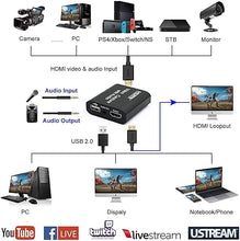 Load image into Gallery viewer, Video Capture Card with Loop Out, HDMI USB 2.0 4K HD 1080P 60FPS Game Capture Video Audio Recorder for Live Streaming for PS3/ PS4 /Xbox One/DSLR/Camcorders/Action Cam