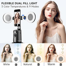 Load image into Gallery viewer, Auto Face Tracking Tripod with 2 Selfie Ring Light, 360° Rotation Face Body Phone Holder Smart Shooting Camera Mount with Remote, Rechargeable Smart Shooting Holder for Vlog, Streaming, Video, Tiktok