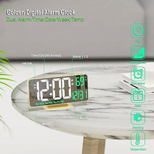 Load image into Gallery viewer, KOSUMOSU Desk Clock for Bedroom Accessories 6.7in Gold Digital Alarm Clock with Dimming,12/24h, Date, Day of Week, Temp, LED Clock, Modern Digital Calendar Clocks for Living Room Essentials