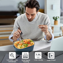 Load image into Gallery viewer, Electric Lunch Box, 12V/24V/110V Portable Food Warmer with SS Fork & Spoon for Car/Truck/Office, 80W Self Heating Lunch Box with 1.5L 304 Stainless Steel Container & 0.45L PP Fruit Box Black