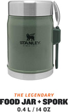 Load image into Gallery viewer, Stanley Classic Legendary Food Jar 0.4L with Spork - Keeps Cold or Hot For 7 Hours - BPA-Free Stainless Steel Soup Flask - Leakproof - Dishwasher Safe - Hammertone Green