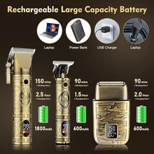 Load image into Gallery viewer, Professional Hair Clippers for Men,Hair Clippers+T-Blade Trimmer+Electric Shaver+Nose Hair Trimmer Set,4 in 1 Cordless Barber Hair Cutting Kit LCD Display Gifts (Gold)