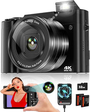 Load image into Gallery viewer, 4K Digital Camera for Photography, 64MP Autofocus Vlogging Camera for YouTube with Selfie Lens, Compact Travel Video Camera with Flash, 16X Zoom, Anti-Shake, 32GB Card, 2 Batteries(Black)