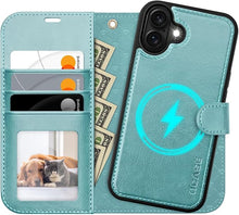 Load image into Gallery viewer, OCASE for iPhone 16 Case Detachable Wallet Case with Card Holder, 2 in 1 Pu Leather Flip Folio with RFID Blocking Stand Wrist Strap Shockproof Phone Cover 6.1 Inch 2024, Ice Blue