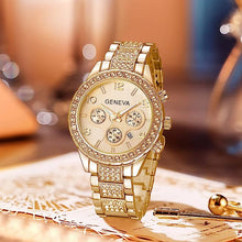 Load image into Gallery viewer, Gosasa Luxury Unisex Crystal Diamond Watches Quartz Digital Calendar Rose Gold Silver Stainless Steel Watch