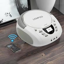 Load image into Gallery viewer, LONPOO CD Player Portable Boombox with FM Radio/USB/Bluetooth/AUX Input and Earphone Jack Output, Stereo Sound Speaker & Audio Player,White