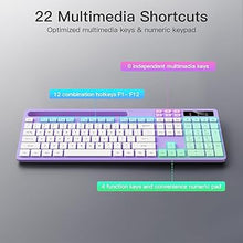 Load image into Gallery viewer, Wireless Keyboard and Mouse Combo, Soueto 2.4G Full-Sized Computer Keyboard with Phone Tablet Holder, 22 Multimedia Shortcuts, Numeric Keypad, 6 Button Silent Mouse for Windows, Mac (Purple-White)