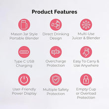 Load image into Gallery viewer, Personal Portable Blender For Shakes & Smoothies, Leakproof & Stylish Portable Mason Jar Shaker, Rechargeable Mini Blender with 10-Blade Blending System 14oz, Pink