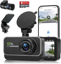Load image into Gallery viewer, Dash Cam Front and Rear,4K+1080P WiFi Dual Dash Camera for Cars with App, 3" IPS Dashboard Camera Recorder,Night Vision,24H/7 Parking Mode, Loop Recording,170° Wide Angle,Free 64GB SD Card