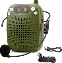 Load image into Gallery viewer, SHIDU Voice Amplifier, 10W Speaker with Microphone Headset Portable Megaphone PA System Support Bluetooth, FM, TF Card, USB Flash Disk for Teachers, Classroom, Tour Guide, Training (Green)