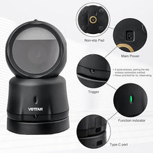 Load image into Gallery viewer, VOTTAN Omni-Directional Desktop Barcode Scanner, Bluetooth + 2.4G Wireless Hands-Free Barcode Reader, 360° Rotating Charging Stand Adjustable Scan Head 2D QR Code Presentation Scanner