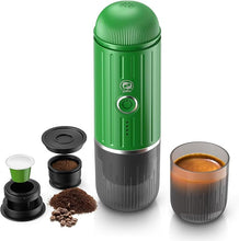 Load image into Gallery viewer, Rich Crema Portable Electric Espresso Coffee Maker, Travel Car Hiking, Fast self-heating 2 IN 1 Extraction System Espresso Machine, Support Ground Coffee and NS capsule, ME2218 (Green)