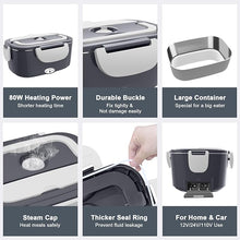 Load image into Gallery viewer, Electric Heated Lunch Boxes Adults: 80W Electric Lunch Box Food Heated 12/24/110V 1.5L Heatable Lunch Box for Car/Truck/Office Leak-Proof Stainless Steel Container, Fork & Spoon, Bag (Dark Grey)
