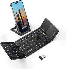 Load image into Gallery viewer, Samsers Multi-Device Foldable Bluetooth Keyboard with Touchpad, Rechargeable Dual-Mode(2.4G+BTx2) Wireless Keyboard with Holder, Portable Folding Keyboard for Android Windows iOS Mac OS - Black