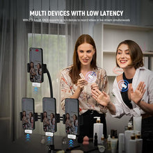 Load image into Gallery viewer, NEEWER Wireless Lavalier Microphone System for iPhone, Mini Clip on Lapel Mic Set with 2 USB C Transmitters/4 Receivers/OTG Adapter Compatible with iPhone Android Phone Computer Tablet, White, KM20