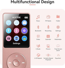 Load image into Gallery viewer, AGPTEK A02 MP3 Player with Bluetooth 5.3, 1.8 inch Screen Portable Music Player with Speaker, FM Radio, Voice Recorder, Supports Expanded Up to 128GB(Rose Gold, 32GB)