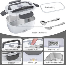 Load image into Gallery viewer, Electric Lunch Box Food Heater - 3 in 1 Portable Leakproof Heated Lunch Box for Car/Home/Adults with 1.5L Removable 304 Stainless Steel Container, 60-80W, 12V/24V/110V (White)