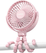 Load image into Gallery viewer, Stroller Fan Clip on Baby Fan Battery Operated Portable Fan USB Rechargeable Small Fan, Flexible Tripod for Car Seat Backseat Crib Beach Travel Camping, 360°Rotatable, 3 Wind Speed, Pink