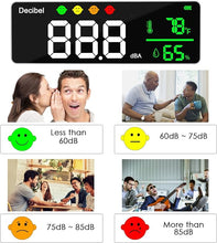 Load image into Gallery viewer, Decibel Meter Wall Hanging Sound Level Meter 11 inch Large LED Display Noise Temperature Humidity Meter with Alarm Icons Indicator Wide Applications for Classroom, Studio, Home, Factory