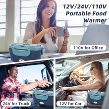 Load image into Gallery viewer, Electric Lunch Box, 12V/24V/110V Portable Food Warmer with SS Fork & Spoon for Car/Truck/Office, 80W Self Heating Lunch Box with 1.5L 304 Stainless Steel Container & 0.45L PP Fruit Box Blue