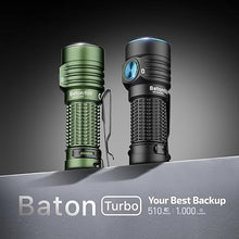 Load image into Gallery viewer, OLIGHT BatonTurbo EDC Rechargeable Handheld Flashlight, 1000 Lumens Compact LED and 510 Meters Long Throw Powerful Pocket Light, with Two-way Clip and Landyard for Camping, Hiking and Home Use (Black)