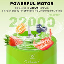 Load image into Gallery viewer, COKUNST Portable Blender for Smoothies, USB Rechargeable Personal Smoothie Shakes Blender, 16 OZ Mini Juicer Mixer with 6 Blades, Small Blender Cup with 2 Lids for Travel, Office, Gym, Kitchen Green