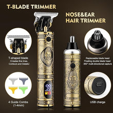 Load image into Gallery viewer, Professional Hair Clippers for Men,Hair Clippers+T-Blade Trimmer+Electric Shaver+Nose Hair Trimmer Set,4 in 1 Cordless Barber Hair Cutting Kit LCD Display Gifts (Gold)