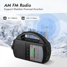 Load image into Gallery viewer, AM FM NOAA Weather Radio,Portable Emergency Radio with Flashlight. Radio with bluetooth 5.0, USB, AUX IN Powered by Built-in Rechargeable Battery or 4 AA Battery Radio for Home Indoor BLACK