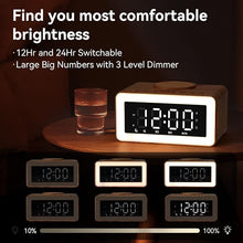 Load image into Gallery viewer, Bluetooth Alarm Clocks with Wireless Charging, 0-100% Dimmer LED Night Light, 2 Alarm Settings, 12/24H, 9 Mins Snooze, Wooden Digital Alarm Clock for Bedrooms, Office, Travel (Wood Grain)