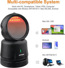 Load image into Gallery viewer, VOTTAN Omni-Directional Desktop Barcode Scanner, Bluetooth + 2.4G Wireless Hands-Free Barcode Reader, 360° Rotating Charging Stand Adjustable Scan Head 2D QR Code Presentation Scanner