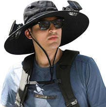 Load image into Gallery viewer, Outdoor Wide Brim Sun Hat with 2 Solar Fan Sun Bucket Hat for Men Women UPF 50+ Bucket Fishing & Beach Hat with Fan Built in